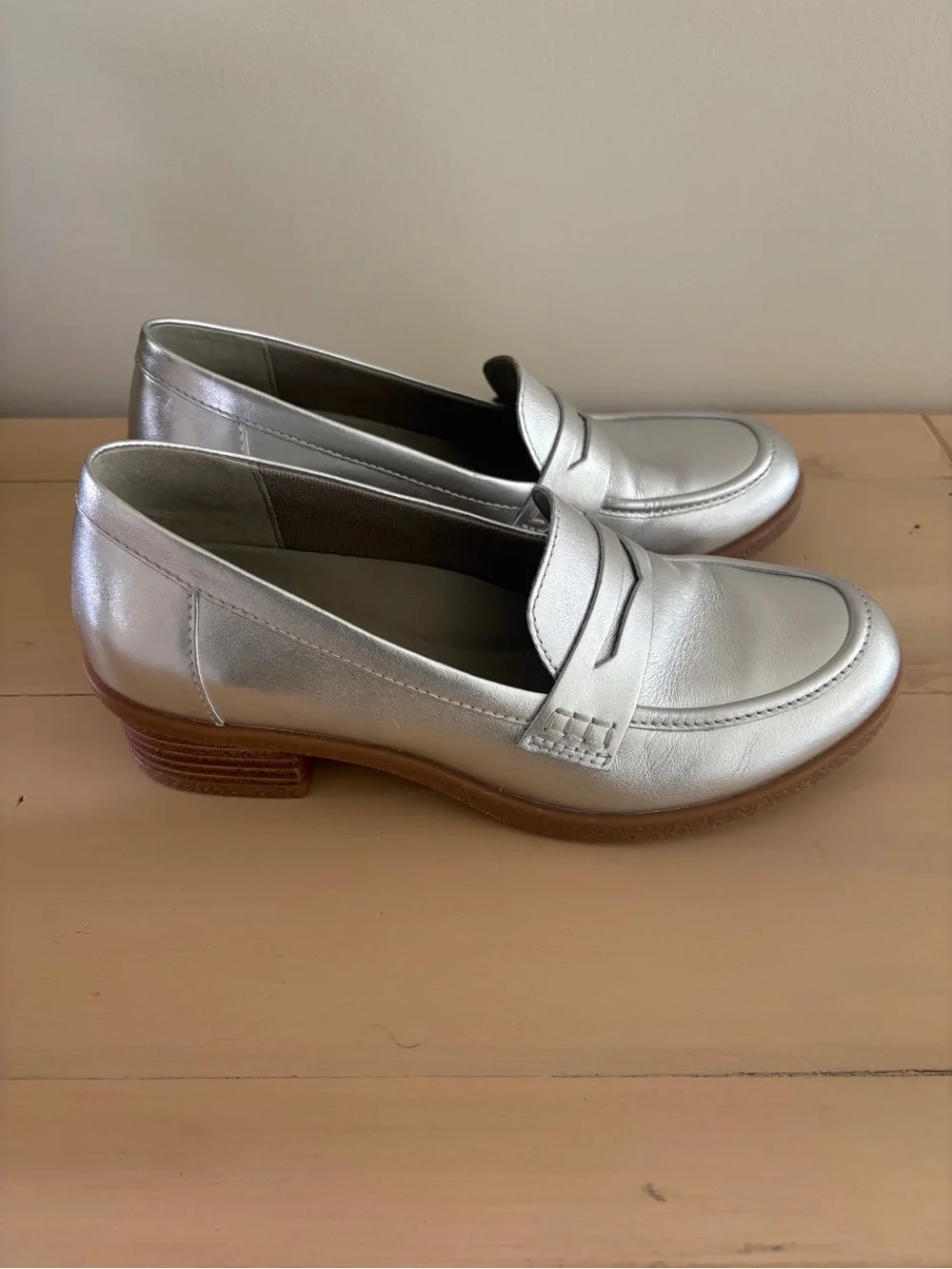 Dansko Metallic Silver Leather Penny Loafers